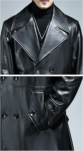 ジャケット・アウター LEATHER COMBINATION DOUBLE LAPEL COAT Men Spring Autumn Long Black Pu Leather Trench Coat Double